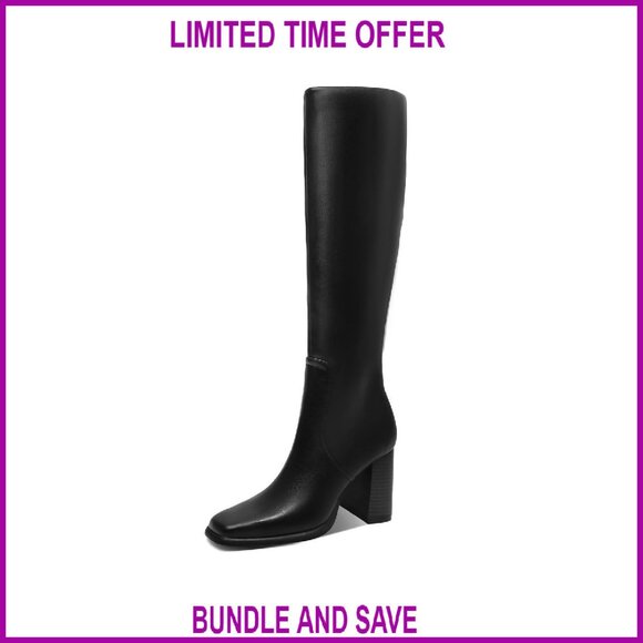 Knee High Boots Square Toe Chunky Heel Side Zipper Faux Leather Women's Size